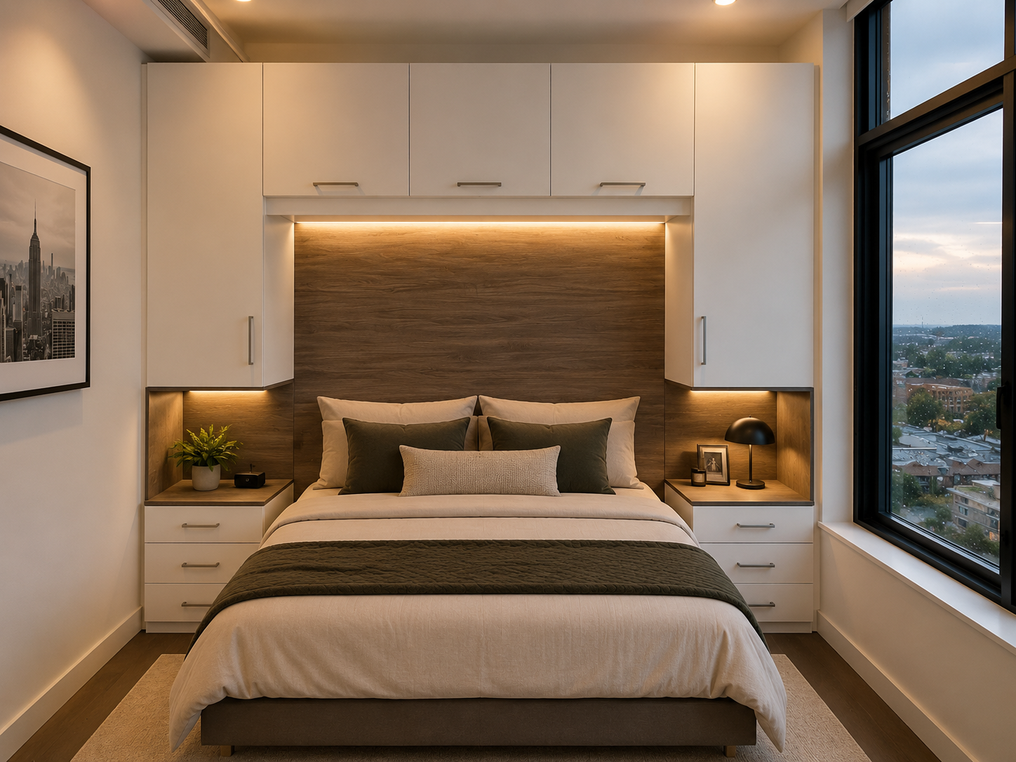Commercial wall bed with built-in cabinetry in a hotel bedroom