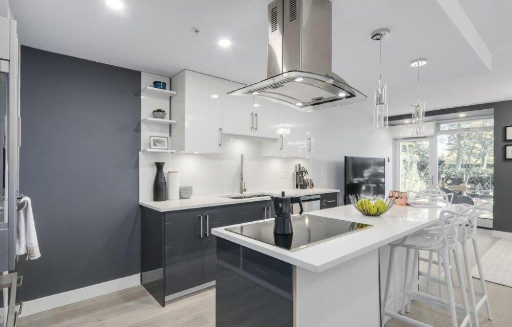 Custom kitchen with large island and built-in shelving